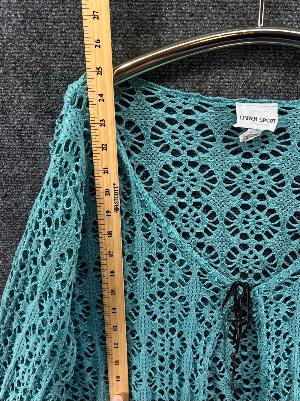 Vtg Caren Sport Crochet Tie Front Cardigan 1X Teal Boho Cottagecore Coastal - Picture 7 of 10